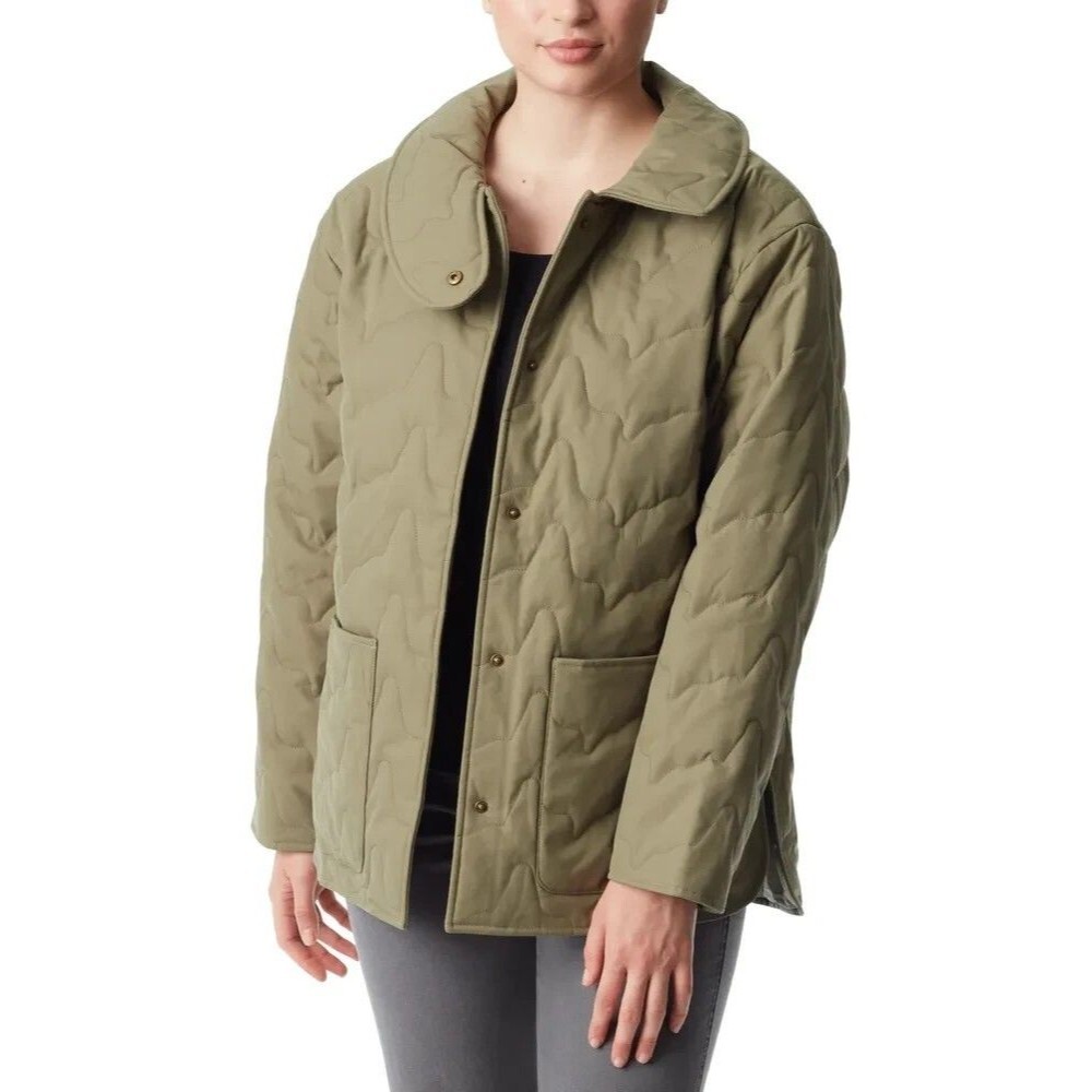 NWT Bass Outdoor Women Quilted Jacket M Deep Lichen Green Long Sleeve Snap Coat